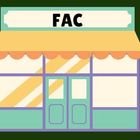 Front of a pastel storefront with a “FAC” sign, awning, and double glass doors.
